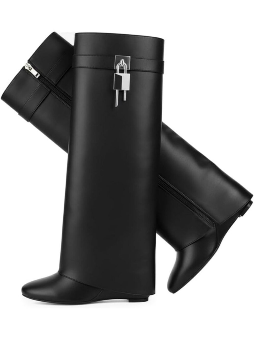 Knee High Fold-Over Wedge Boots for Women - Stylish Shark Design, Perfect for